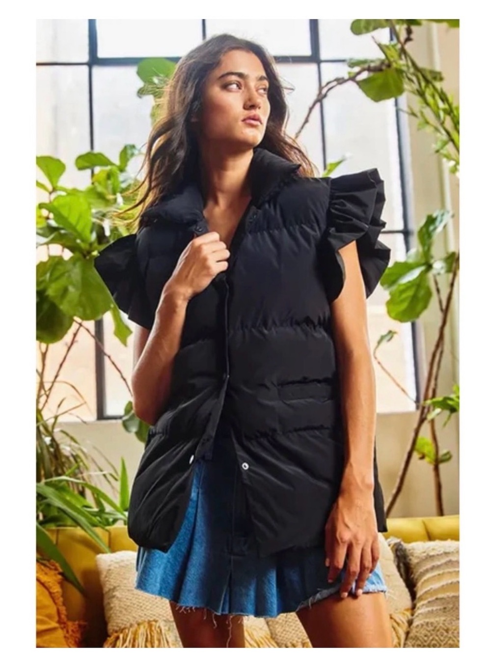 BUCKETLIST Black Puffer Vest with Ruffle Cap Sleeves